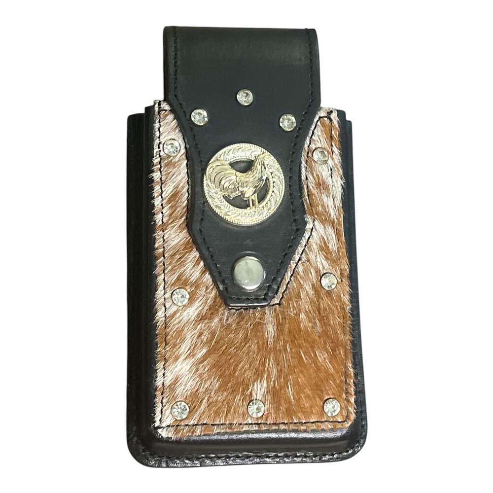 Western Cowhide Leather Phone Holster Case with Rooster Concho and Rhinestones